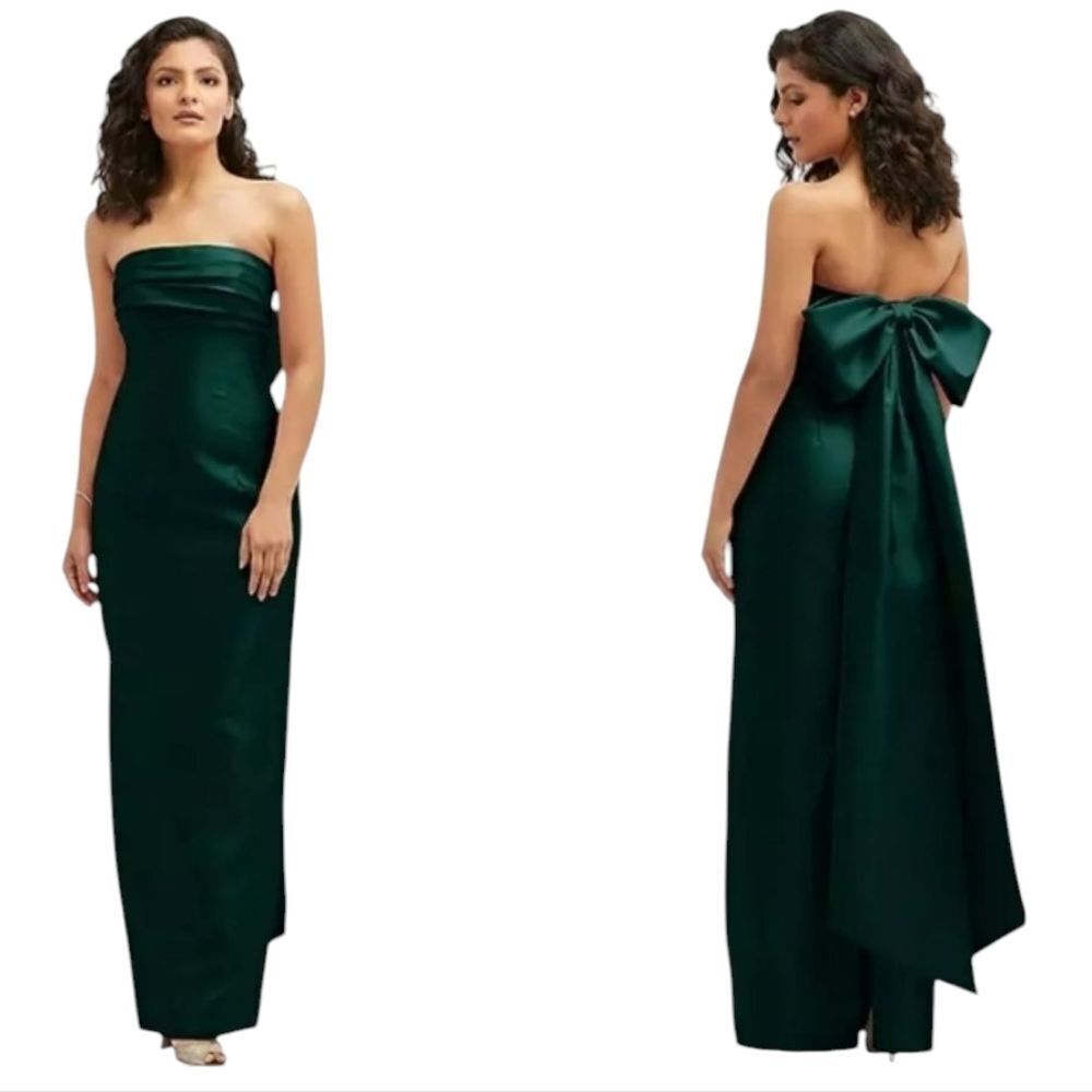 NWT Alfred Sung Gown Strapless Draped Bodice Column Dress Bow Evergreen Green 6